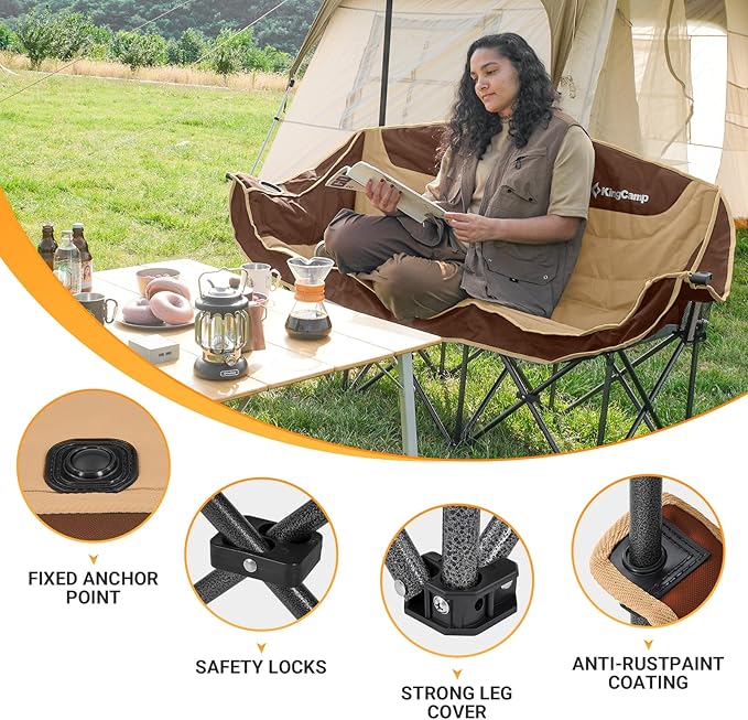KingCamp 3 Person Camping Chair, Oversized 660lbs Heavy Duty Loveseat for Adults Portable Folding XL 2 Person Couch Padded Comfortable Three Seat with Cup Holder for Outdoor Lawn, Khaki/Coffee