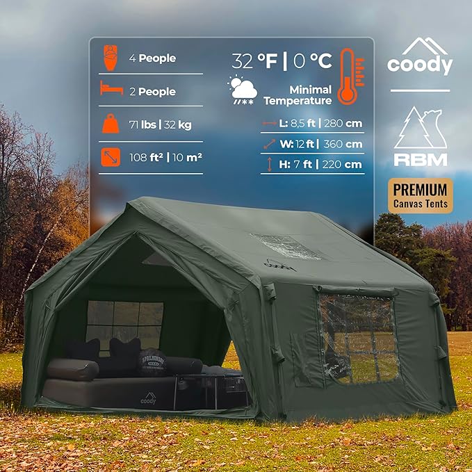 Coody Inflatable Canvas Camping Tents with Stove Jack – Premium Air Beam Family Glamping Tent, Breathable Cotton Canvas, Fast Setup Air Tent with Pump