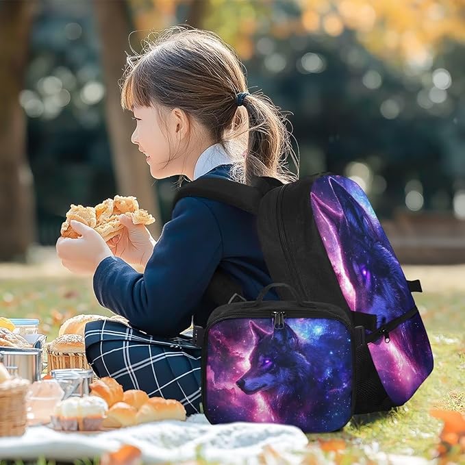 Galaxy Backpack for Men Wolf School Bag for Travel Lightweight Mens Bookbag with Lunch Box for Outdoor Hiking Camping Casual Daycare Back Pack