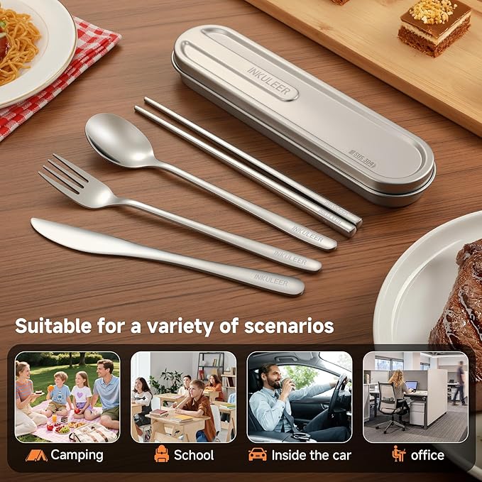 Travel cutlery set, 18/8 stainless steel cutlery, Reusable utensils set with case, Portable Silverware Lunch Box for Camping and Office-Stainless steel