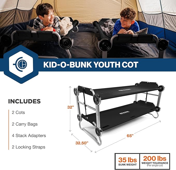 Disc-O-Bed Youth Double Cot Kid-O-Bunk, Modular for Bunk Beds, Dual Cots, or Bench with 2 Carry Bags for Portable Transport