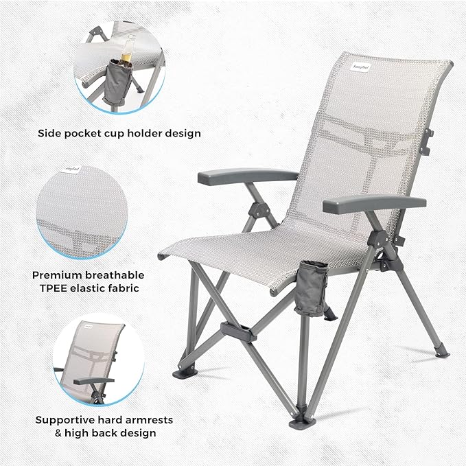 SUNNYFEEL Folding Camping Chair Outdoor Reclining Adjustable 3 Position Heavy Duty Adults 500 LBS Capacity with Hard Armrests & Cup Holder, Blue Ergonomic Chairs for Outdoor, Camp, Beach, Travel, RV