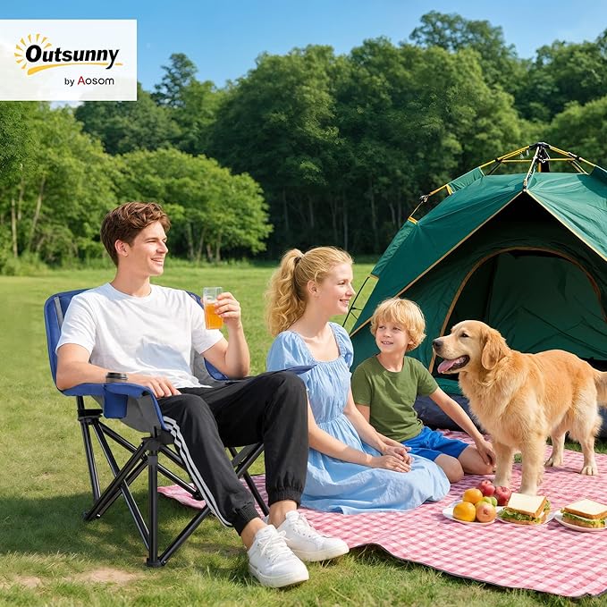 Outsunny Double Camping Chair for Adults, Padded Folding Camp Chair for 2 Person with Armrest, Wine Glass Holder, Cup Holder, Carry Bag for Outdoor Sports, Picnics, Supports up to 552 lbs.