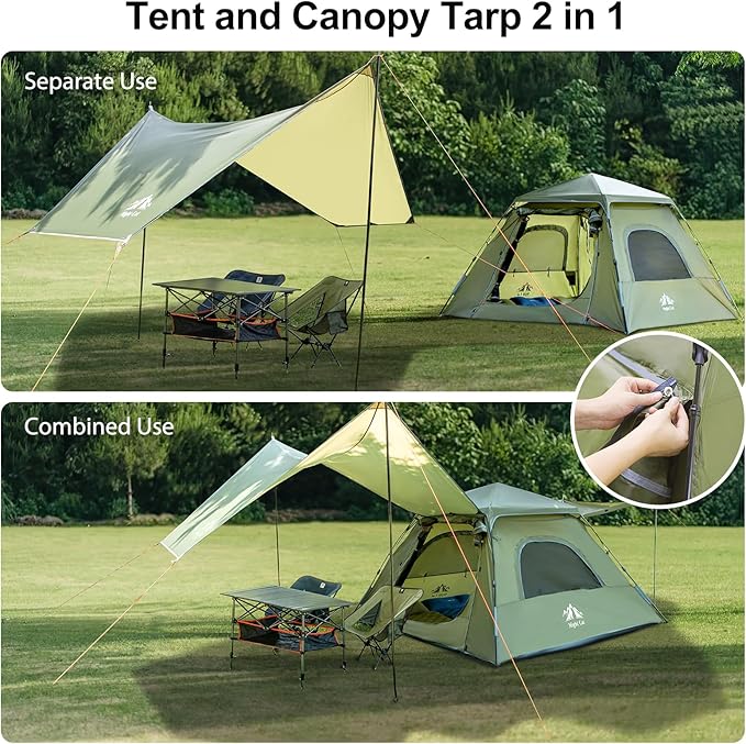 Night Cat 3-Person Camping Tent: Waterproof Instant Cabin Tent with Canopy Tarp for Family, 2-in-1 Canopy Tent with Porch Easy Setup