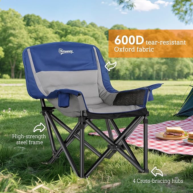 Outsunny Double Camping Chair for Adults, Padded Folding Camp Chair for 2 Person with Armrest, Wine Glass Holder, Cup Holder, Carry Bag for Outdoor Sports, Picnics, Supports up to 552 lbs.