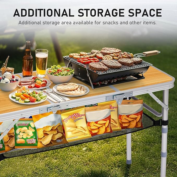 VINGLI Small Folding Table Portable 3FT Aluminum Foldable Camping Table for Picnic Card Table with 3 Adjustable Height & Carry Handle for Outdoor Indoor Hiking Camp BBQ Beach-Natural