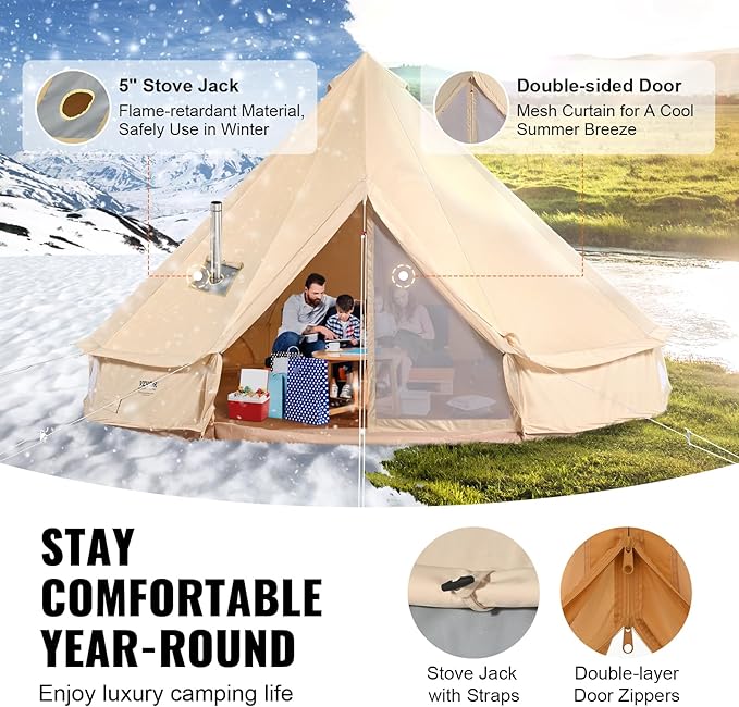 VEVOR Canvas Tent Bell, Yurt 4 Seasons for Camping with Stove Jack, Breathable Holds up to 4 People, Family Camping Outdoor Hunting Party