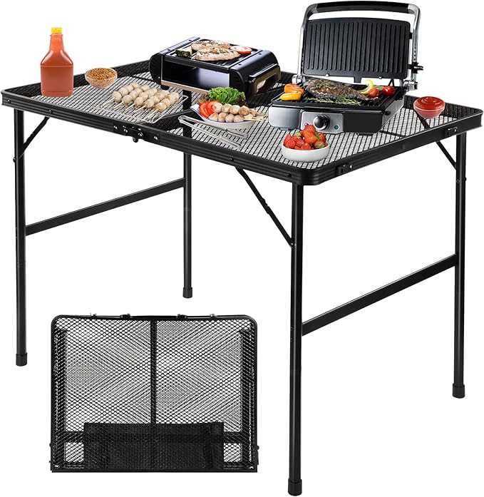 Folding Grill Table Camping Table with Mesh Desktop, Lightweight 3 FT Metal Table for Outside, Height Adjustable Portable Grill Tables for Camping, Picnic, Beach and BBQ, RV