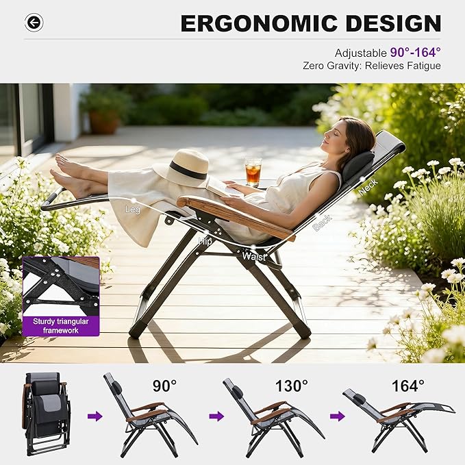 PURPLE LEAF Oversized Outdoor Reclining Chair Patio Zero Gravity Chaise Lounge Folding Chair with Quilted Cushion Adjustable Headrest for Lawn Camping Beach Pool Black and Grey