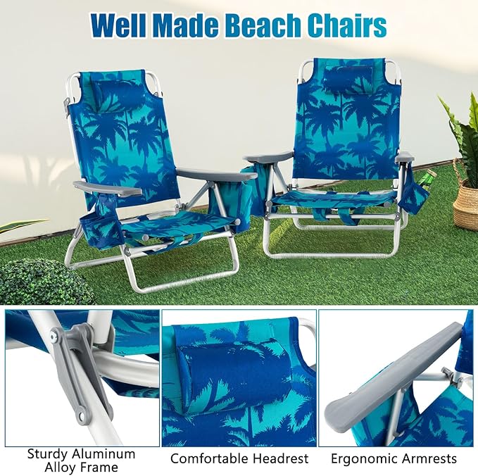 GYMAX Beach Chairs, Backpack Camping Chair with Armrest, Cooler Bag, Cup Holder, Towel Bar & Side Pockets, Sunbath Sling Tanning Lounge, Folding Layout Chair (4 Chairs Without Table, Coconut Tree)