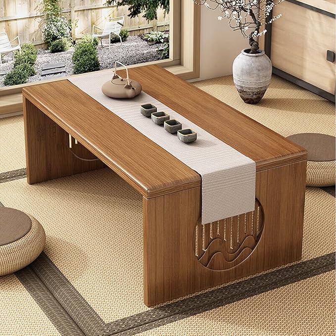 Japanese Folding Coffee Table, Foldable Low Coffee Tables, Bamboo Floor Table Desk for Sitting on The Floor, No Assembly, Portable Living Coffee Table (39.4 Inch)