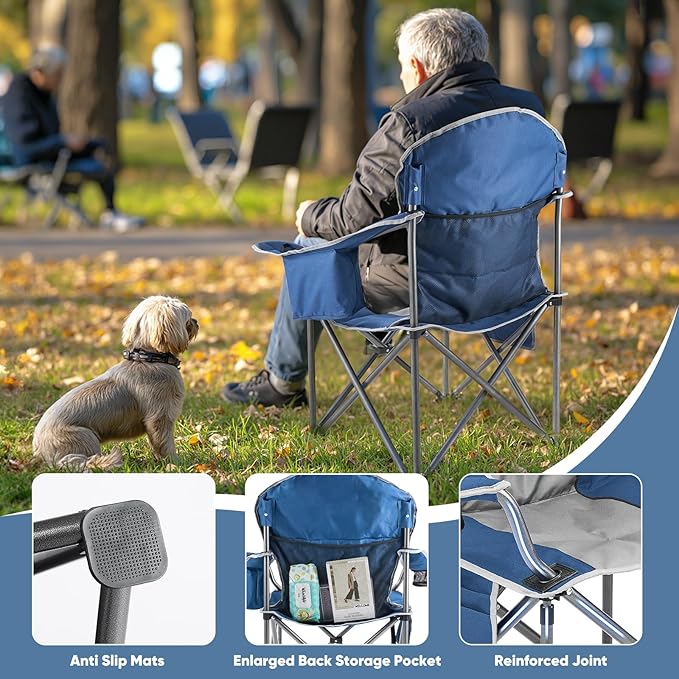 DUMOS Folding Camping Chairs, Outdoor Collapsible Padded Chairs with Cup Holder & Cooler Bag, Heavy Duty Portable Camping Chair for Garden Beach Fishing Sports, Blue