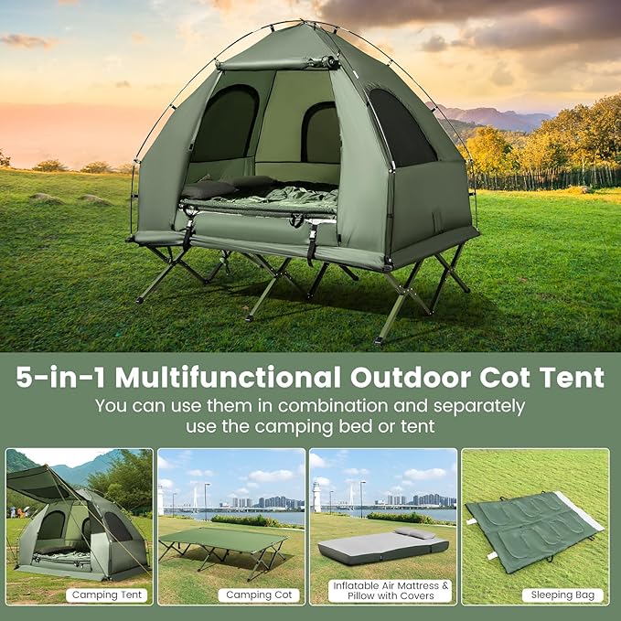 Safstar 5-in-1 Tent Cot, Camping Cot Tent with Air Mattress, Sleeping Bag, Camping Cot, Awning & Air Pillow, Carrying Bag, Off The Ground Tent, Elevated Tent Cot for Camping Hiking Picnic Travel