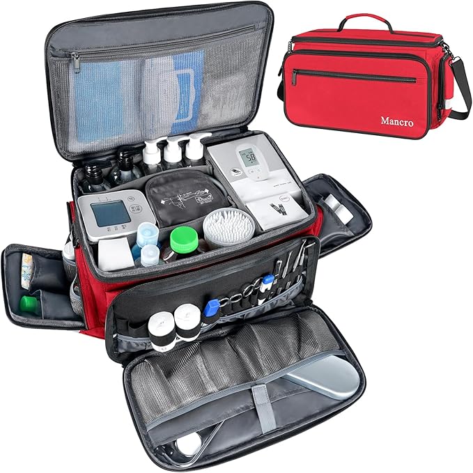 Mancro Medical Bags, Large Medication Storage Empty, Water Resistant Pill Bottle Organizer for Home, First Aid Responder Bag, Nurse Gifts, Red Medical Supply Organizer