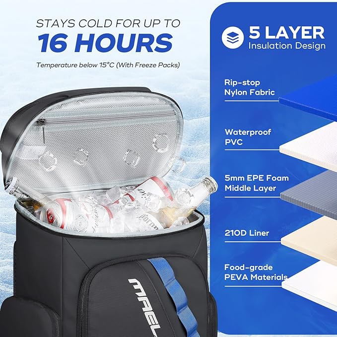 Maelstrom Backpack Cooler,36 Can Cooler Backpack,Soft Cooler Bag Insulated Leakproof,Lightweight Ice Chest Backpack,Travel Cooler Lunch Backpack for Camping,Hiking,Beach