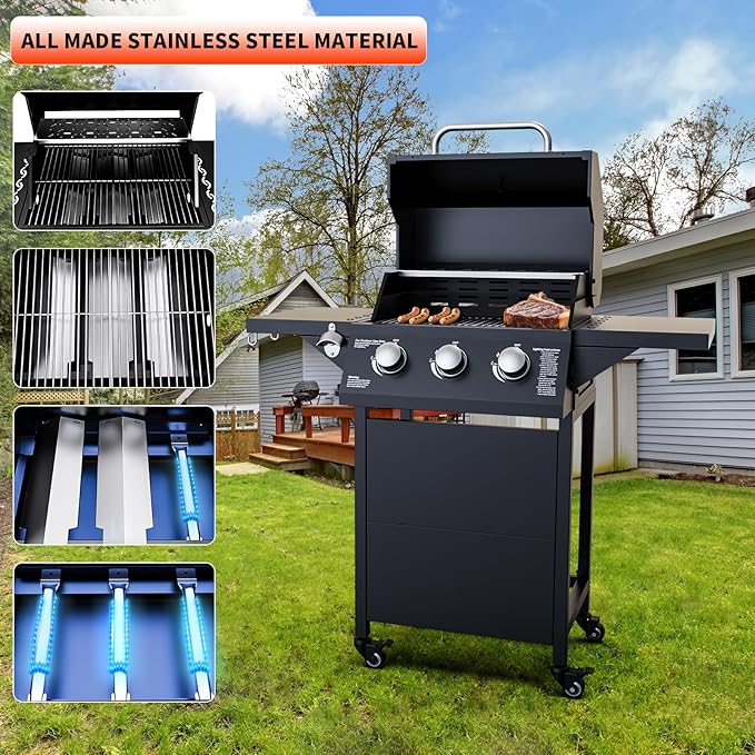 3 Burner Propane Grill, 30,000 BTU Propane Gas Grill with Two Side Tables, Stainless Steel Barbecue Grill, Outdoor Cooking BBQ for Patio, Camping, Backyard