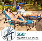 FUNDANGO 4 in 1 Tanning Chair with Face Hole, Beach Lounge Chair w/Canopy Shade & Side Table Chaise Lounge Chairs for Patio, Pool, Lawn, Sunbathing, 5-Position Adjustable Sun Lounger, Blue