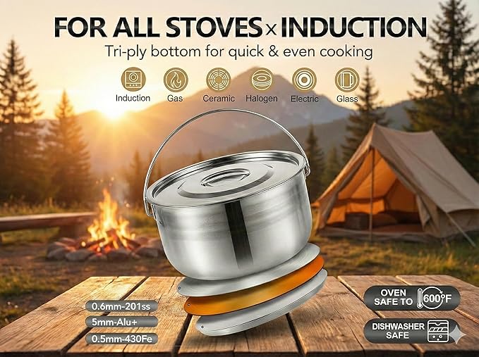 Camping Cookware Set - Compact Stainless Steel Campfire Cooking Pots and Pans | Combo Kit with Travel Tote Bag | Rugged Outdoor Cook Set for Hiking | Barbecues | Beach