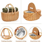 ZORMY 15" Cooler Picnic Basket with Blanket, Wooden Split Lid Picnic Basket, Vintage-Style Wicker Picnic Hamper with Folding Woven Handle for Picnic, Camping