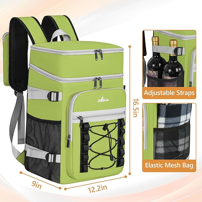 Cooler Backpack, 40 Cans Insulated Lunch Backpack Picnic Backpack for Men&Women, Durable Cooler Bag with 2 Leak Proof Compartments for Picnic, BBQ Camping, Lunch, Beach, Hiking, Green