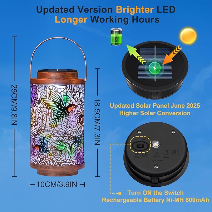 2Pack Solar Lanterns Outdoor Waterproof Hummingbird Garden Gifts for Mom, Multicolor Solar Lights Lantern for Backyard Garden, Pathway, Outside, Mothers' Day Gifts for Women Grandma