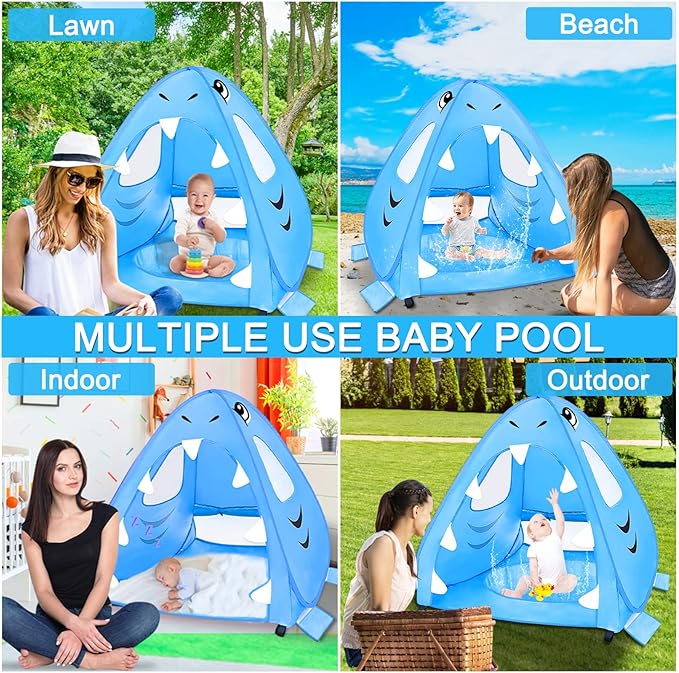 [ Extra High ] Shark Baby Beach Tent with Pool, Pop Up Kiddie Pool Tents Baby Beach Essentials UPF 50+ UV Protection 4 Sand Pockets 3 Mesh Windows Sun Beach Shade Tent for Toddler Aged 3-60 Months