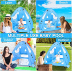 [ Extra High ] Shark Baby Beach Tent with Pool, Pop Up Kiddie Pool Tents Baby Beach Essentials UPF 50+ UV Protection 4 Sand Pockets 3 Mesh Windows Sun Beach Shade Tent for Toddler Aged 3-60 Months