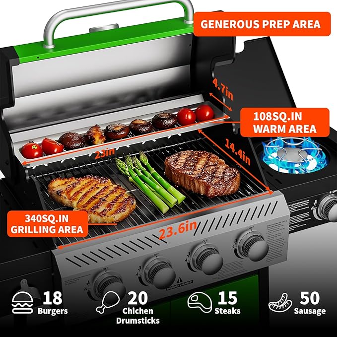 4-Burner Propane Gas Grill with Side Burner, 50,000 BTU Outdoor Gas BBQ Grill with Stainless Steel Grates and Side Tables for Outdoor Cooking Kitchen, Patio and Backyard, Green