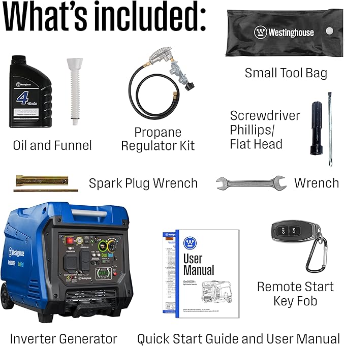 Westinghouse 5000 Peak Watt Super Quiet Dual Fuel Portable Inverter Generator, Remote Electric Start, Gas & Propane Powered, RV Ready, CO Sensor, Parallel Capable