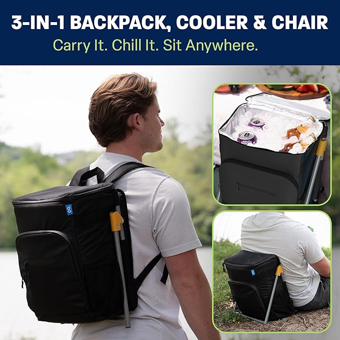 Insulated Backpack Cooler with Foldable Seat - 40 Cans, 24 Hour Cooling, Breathable Straps, Lightweight Leak Proof Liner, Portable Cooler Backpack Bag for Men Women Beach Travel Camping Picnic Hiking