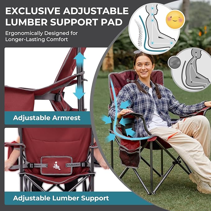 FUNDANGO Oversized Camping Chairs for Adults, Heavy Duty Fold Up Sports Games Lawn Chairs, Extra Wide Big Man Outdoor Chairs with Padded Lumbar Support Backrest, Bag Included for Camp, Outside, Beach