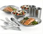 Unique Complete Messware Kit Polished Stainless Steel Dishes Set| Tableware| Dinnerware| Camping| Includes - Cups | Plates| Bowls| Cutlery| Comes in Mesh Bags