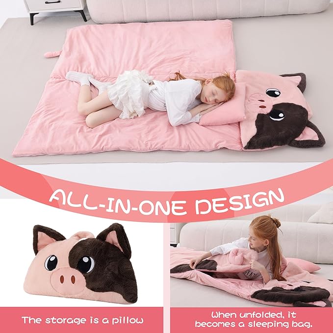 70" 4.2lbs Pig Thickened Kids Nap Mat for Preschool, Daycare,Kindergarten,Soft Washable for Boys and Girls, 2-in-1 Stuffed Animals Sleeping Bag and Pillow, Sleep Sack for Toddlers