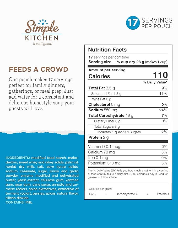 Simple Kitchen Cream Base Soup Mix - 17 Servings for Family Meal Prep, Vegetarian, Gluten Free, Dehydrated & Freeze Dried Survival Food for Camping Meals, Backpacking & Hiking, Survival Kit, Pack of 4