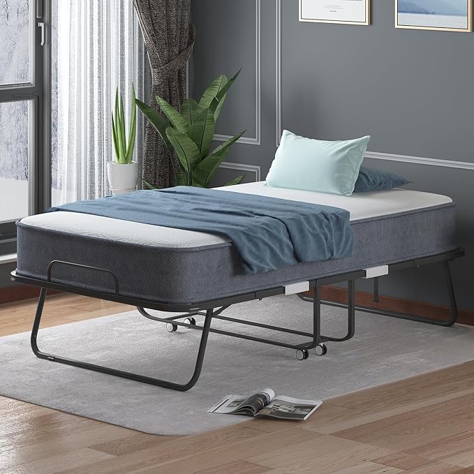 BALUS Rollaway Bed with Mattress for Adults, 75"x 31" Folding Bed with Lockable Casters, Foldable Cot Beds for Guest, Portable Small Bed with Easy Storage Sturdy Metal Frame for Bedroom(Standard)