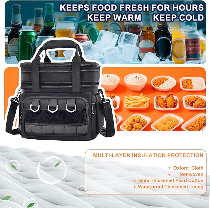 Tactical Lunch Box for Men Women-Insulated Leakproof Lunch Bag with Adjustable Shoulder Strap, Durable Expandable Cooler Bag for Work Office Travel Camping Hiking, Large Meal Pail Adults(Black)