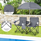 COSTWAY Double Portable Picnic Chairs, Folding Camping Chairs w/Detachable Umbrella, Cooler Bag, Cup Holders, Patio Beach Camping Chairs for Outdoors