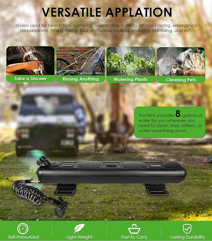 Yoursme 8-Gallon Pressurized Water Tank, Portable Camping Shower Water Storage with Spray Hose Roof Rack Mount for Pick-up Trucks & Off-Road Vehicles Overland Outdoor Activities Water Supply