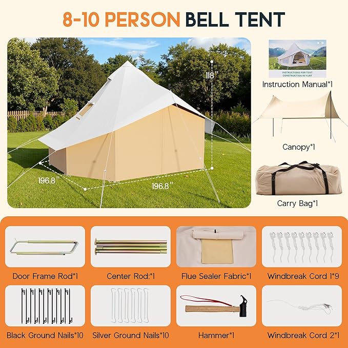 SPECRAFT Canvas Bell Yurt Tents & Inflatable Tent for Camping, Waterproof Glamping Tent with Stove Jack, Breathable Mesh, Snowproofing Spacious 4-Season Family Shelter for Outdoor, Camping, Parties