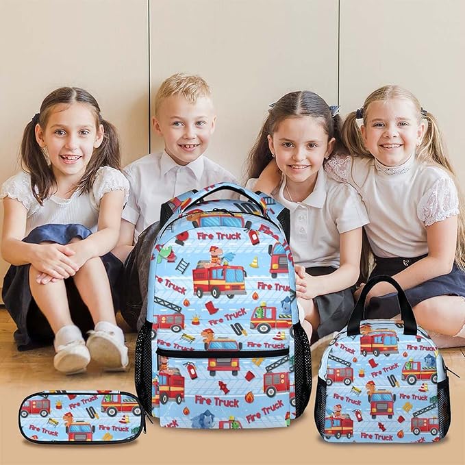 Kids Boys Backpack with Lunch Box Set, Set of 3 Fire Truck School Backpacks Matching Combo for Children Students, Toddler Bookbag and Pencil Case Bundle for Kindergarten Preschool Primary