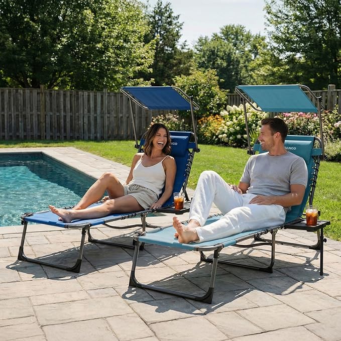 FUNDANGO 4 in 1 Tanning Chair with Face Hole & Canopy Shade, 400lbs Beach Lounge Chair with Side Table Chaise Lounge Chairs for Patio, Pool, Lawn, Sunbathing, 5-Position Adjustable Sun Lounger,Cyan
