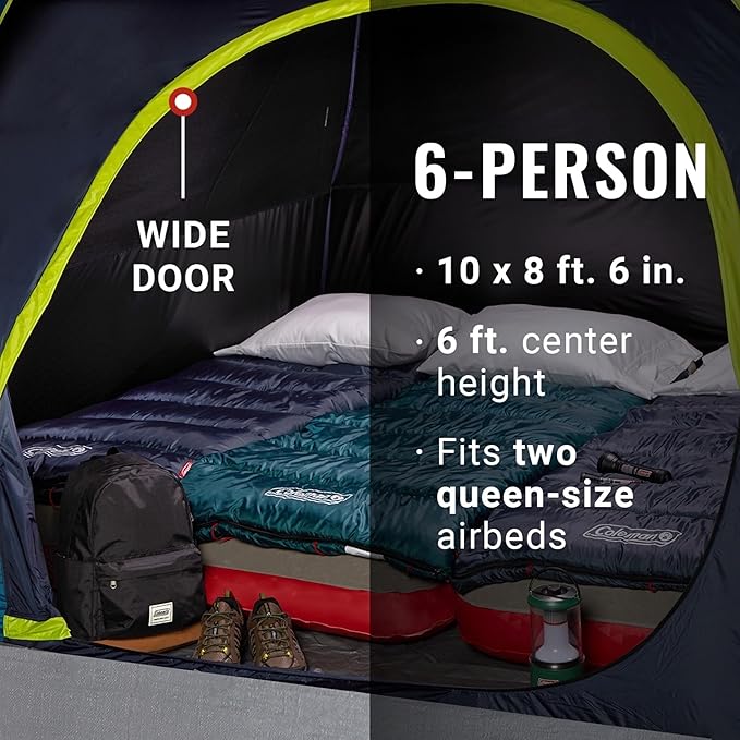 Coleman 4/6/8/10 Person Skydome Dark Room Tent with Rainfly, 5 Minute Setup, Blocks 90% of Sunlight, 20% More Headroom Than Traditional Tents
