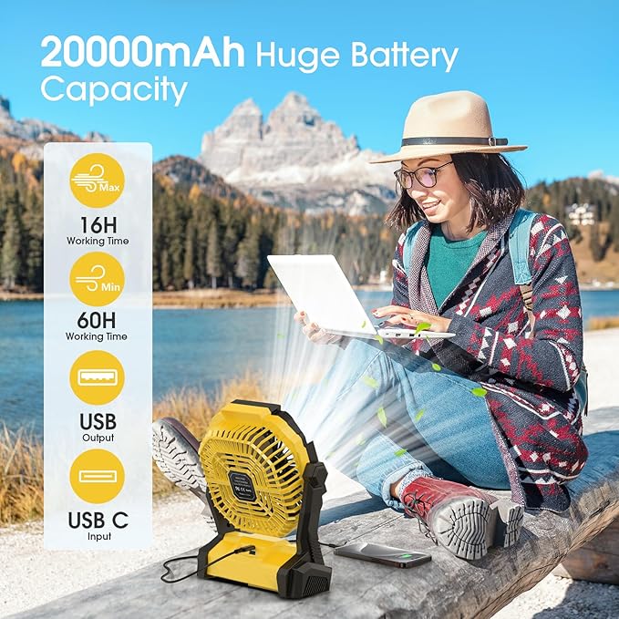 Portable Fan Rechargeable, 20000mAh Cordless Battery Powered Fan with LED Lantern, USB C Battery Operated for Travel Bedroom Home Camping Tent Office Beach Desk Fishing Table (Yellow)