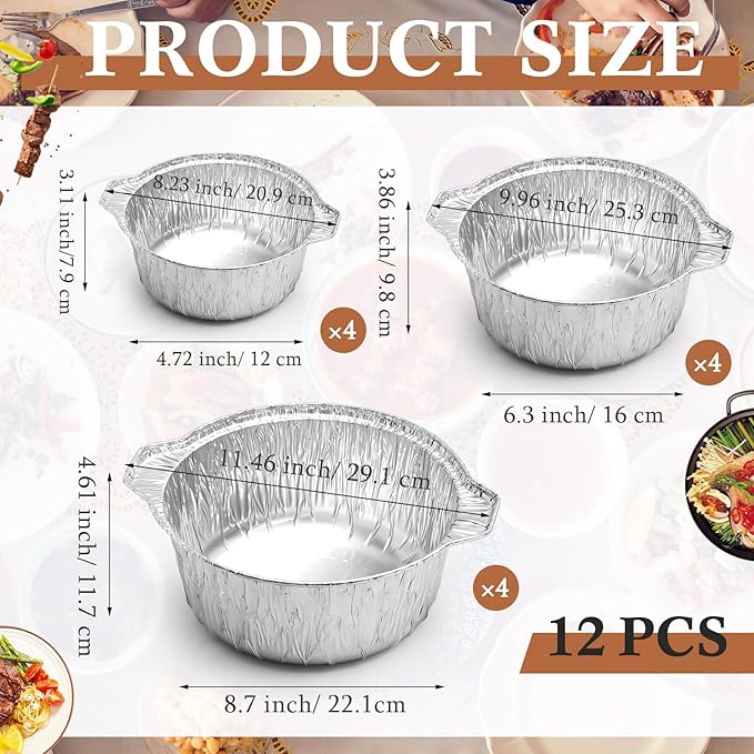 Disposable Aluminum Pot with Lid Round Foil Pans Disposable Cookware Food Container for Vacation Trips Camping Baking Heating Cooking(12 Pcs,33.8, 67.6, 121.7 oz)