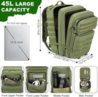 Tactical Backpack 45L Army Military Rucksack, Water Resistant MOLLE Pack, Large 3 Day Bug Out Bag for Men & Women, Durable Outdoor Gear for Hiking, Camping, Hunting, Travel(ArmyGreen)