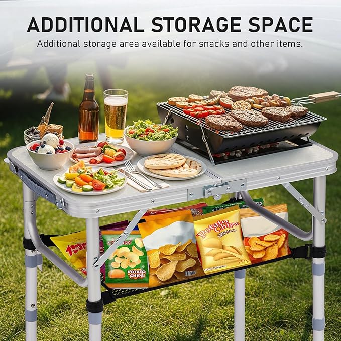 VINGLI Small Folding Table Portable 2FT Aluminum Foldable Camping Table for Picnic Card Table with 3 Adjustable Height & Carry Handle for Outdoor Indoor Hiking Camp BBQ Beach-White