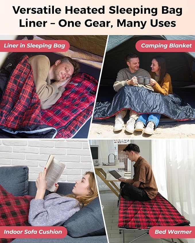 KingCamp 6 Heating Zones Heated Sleeping Bag Pad, 3s Heat-up Portable XL Sleeping Bag Liner for Cold Weather Camping, Hiking, Multi USB Power Supported, Compact Bag Included