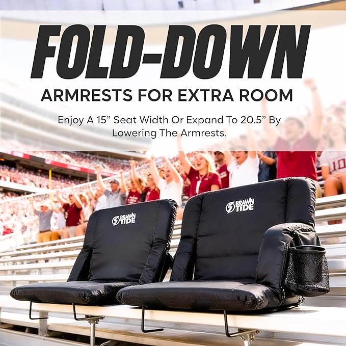 BRAWNTIDE Stadium Seat for Bleachers with Back Support - Wide Padded Reclining Bleacher Seat, Portable Folding Stadium Chair with Armrests, Hooks, Straps, Cup Holders & Pockets for Games & Concerts