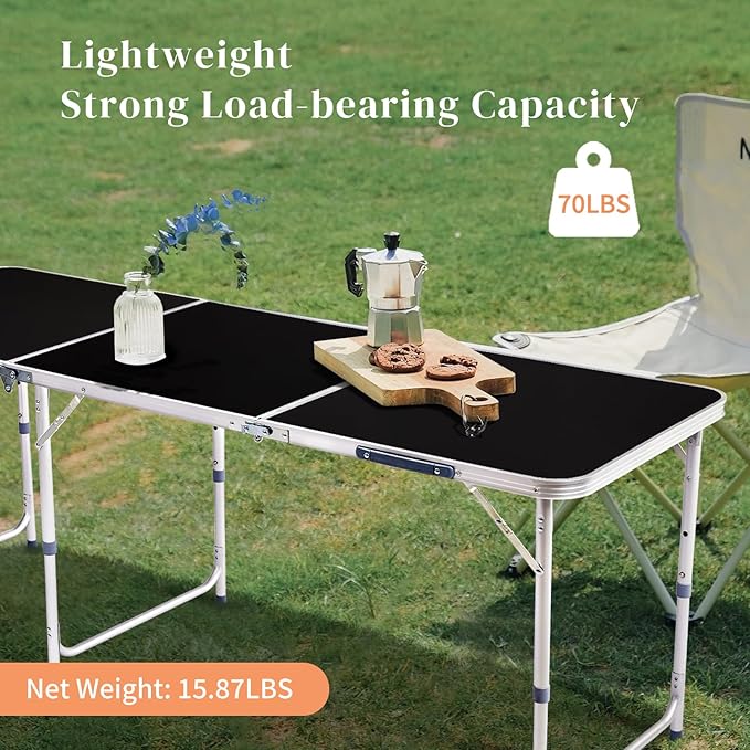 6Ft Camping Table Folding Portable Camp Aluminum Fold Up Lightweight Table Outdoor for Camping, Picnic, Portable Folding Aluminum Table Easy to Set & Carry - Black 180 x 60 x 70cm