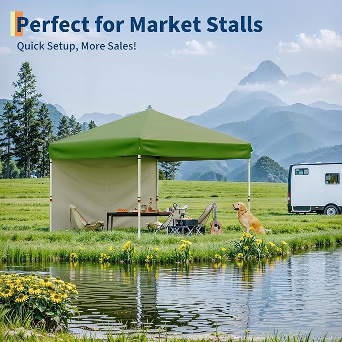 10x10 Instant Pop-Up Canopy with 1 Sidewall – Easy 1-Button Setup, Includes Roller Bag, 3 Height Settings & 4 Weight Bags – Perfect for Backyard, Beach, Sports & Parties,Green